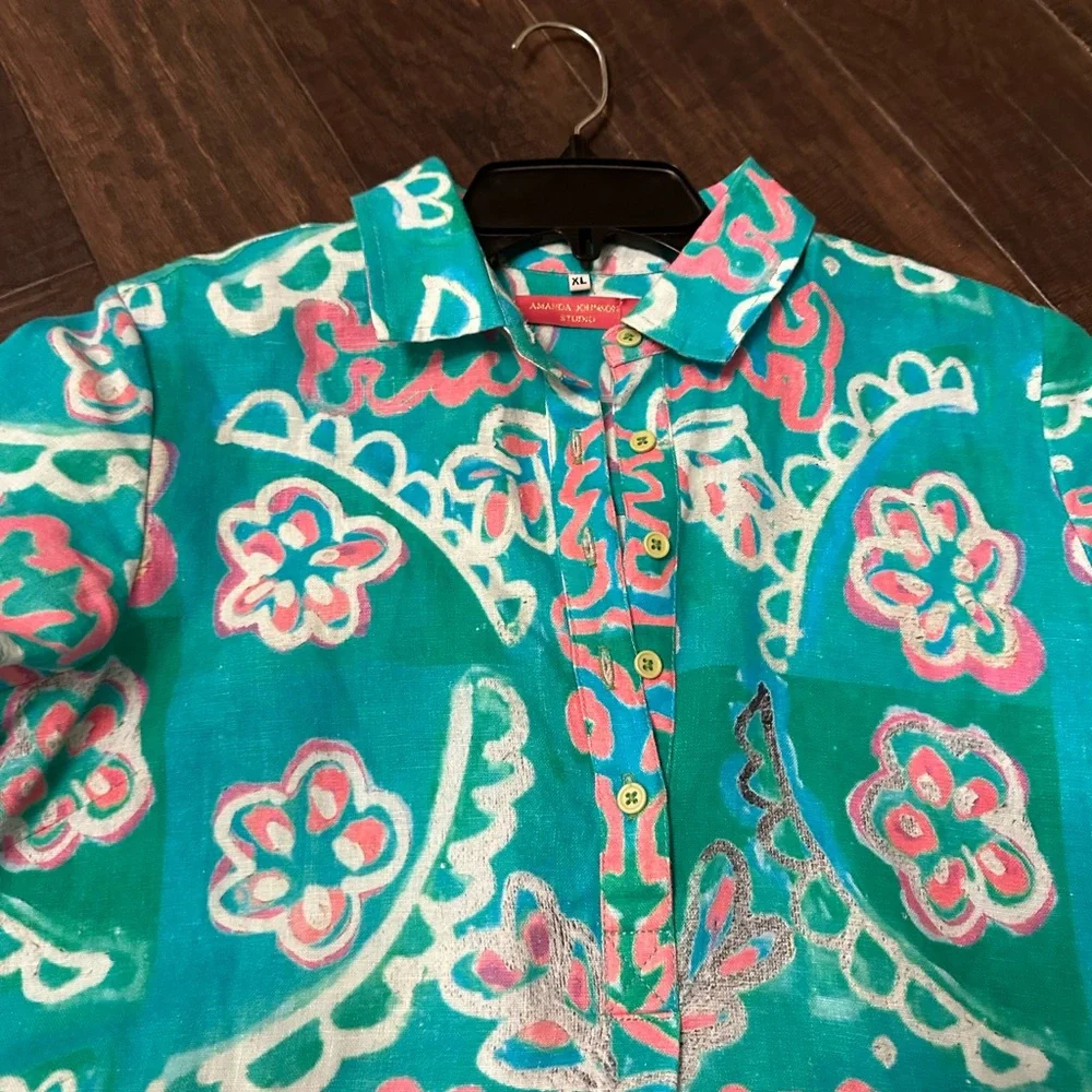 Amanda Johnson Studio Green Floral 100% Linen Shirt Dress $296 - Size XL - Picture 5 of 5